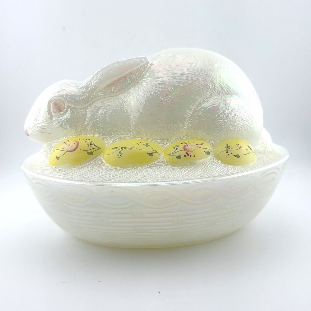 Fenton Iridescent Opal Rabbit on Nest Candy Dish Hand Painted S Allman NO BOX